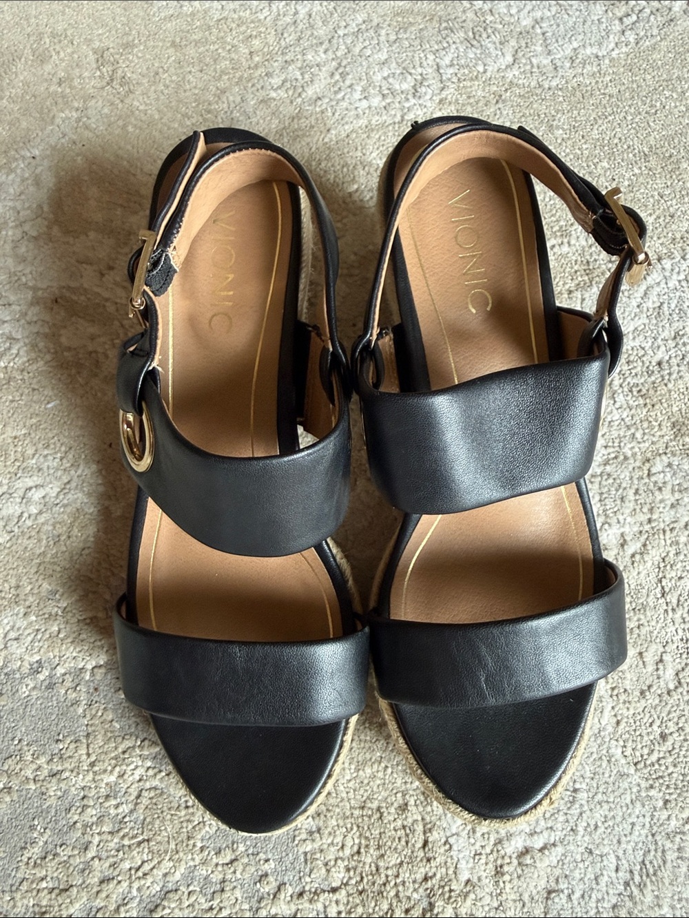 Vionic Black Leather Espadrille Wedge Sandals - Picture 2 of 10